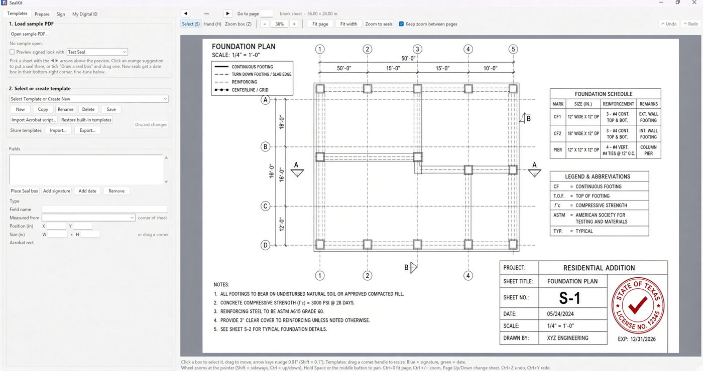 SealKit placing seals on a construction drawing title block